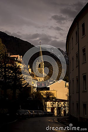 Little bell tower of a church lightened by the afternoon sun in Montreux, Switzerland. Editorial Stock Photo