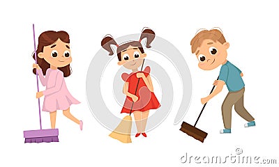 Little Big-eyed Boy and Girl with Broom Sweeping Floor Vector Set Vector Illustration