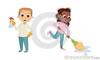 Little Big-eyed Girl Mopping Floor and Boy in Gloves with Detergent Vector Set Vector Illustration