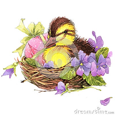 Little bird, gift and flowers background Stock Photo