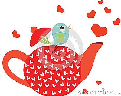 Little bird going out of love teapot Vector Illustration