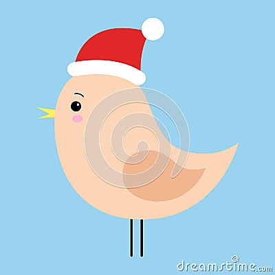 Little bird isolated on a blue background. Christmas. Hat of Santa Claus. Winter. Vector illustration. For holiday cards and Cartoon Illustration