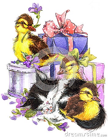 Little bird, kitten, gift and flowers background Stock Photo