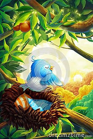 Little Bird in the Morning Forest with Fantastic, Realistic and Cartoon Style Stock Photo