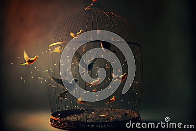 little birds escape from cage, symbol of freedom Stock Photo