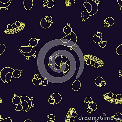 Little birds with newborns, eggs and nest in yellow outline Vector Illustration