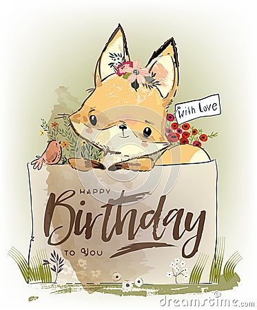 Little fox with flowers Vector Illustration