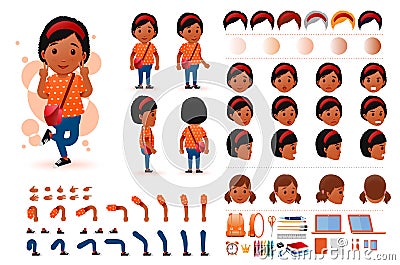Little Black African Girl Student Character Creation Kit Template with Different Facial Expressions Vector Illustration