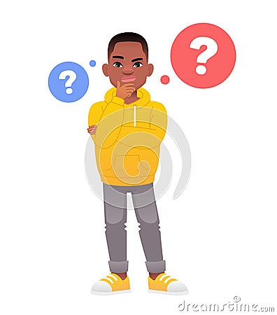 The little black boy has a question. Portrait of a thoughtful African schoolboy. Vector Illustration