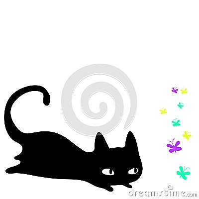 Little black cute kitten hunting for butterflies Vector Illustration