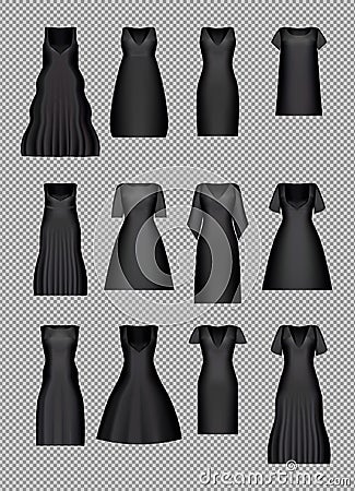 Little Black Dresses. Classic cocktail evening lady clothes set. Vector illustration. Gradient mesh. Vector Illustration