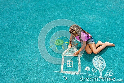 Little black girl drawing chalk house image Stock Photo