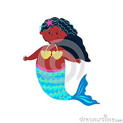 Little Black Mermaid with curly hair. Pretty Afro siren with scales. Cutie Girl with fish tail. Fantastic marine female Vector Illustration