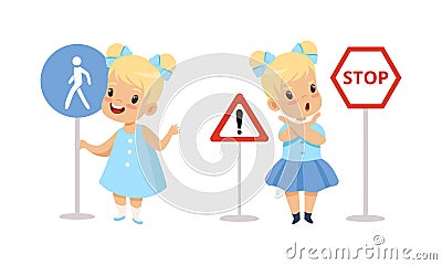 Little Blond Girl Pedestrian Learning Road Sign and Traffic Rule Vector Set Vector Illustration