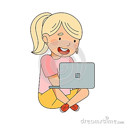 Little Blond Girl with Ponytail Sitting with Laptop and Watching Something Vector Illustration Vector Illustration