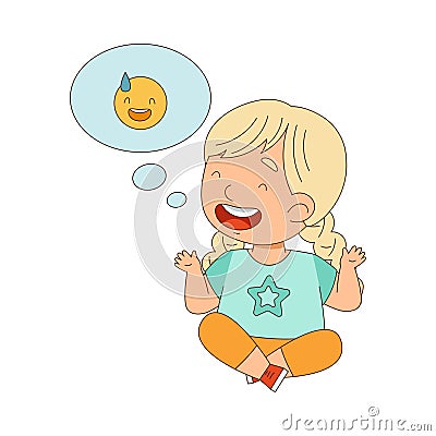Little Blond Girl Sitting on the Floor with Emoji Face in Bubble Vector Illustration Vector Illustration