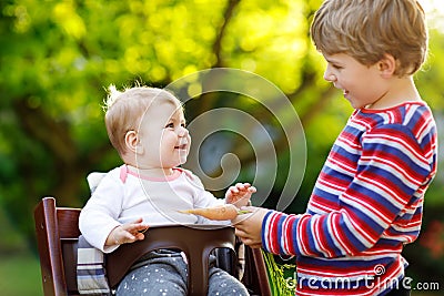 Little blond kid boy giving a carrot to baby sister. Happy siblings having healthy snack. Baby girl sitting in high Stock Photo