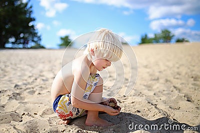 Little Blonde Boy Collecting Rocks and Shells at Beach on Summer Stock Photo