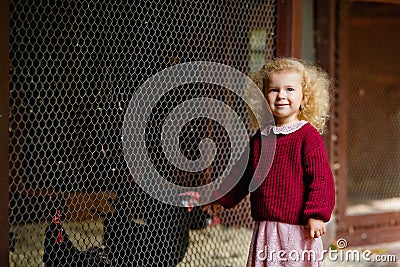 A little blonde girl in a burgundy knitted sweater at the zoo near a cage with birds Stock Photo