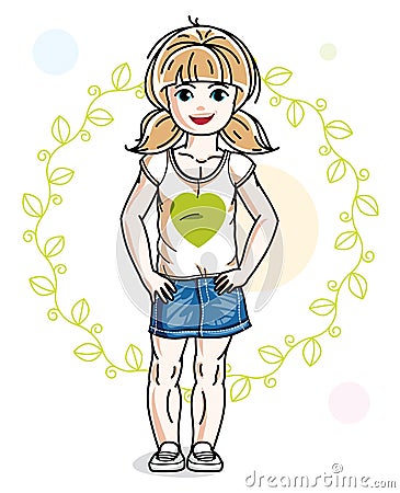 Little blonde girl toddler in fashionable casual clothes posing on green eco background. Vector Illustration