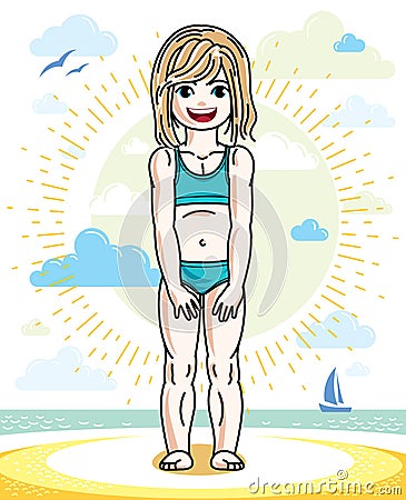 Little blonde girl toddler standing on sunny beach and wearing s Vector Illustration