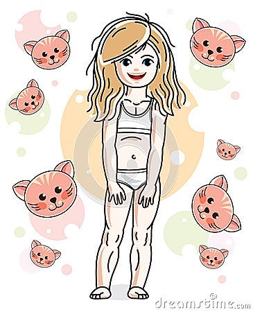 Little blonde girl toddler in underwear standing on background w Vector Illustration