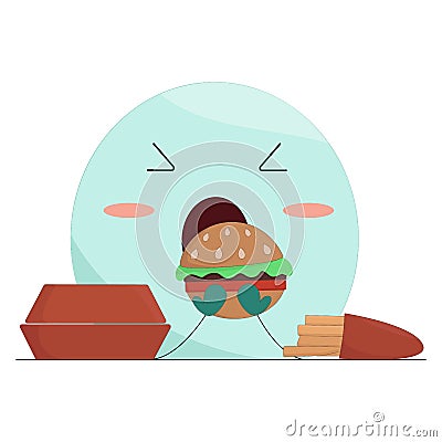 little blue ghost eats burger and fries with gusto Vector Illustration