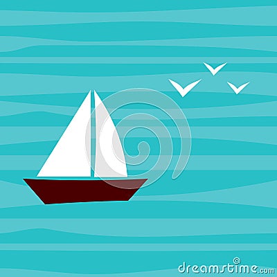 Little Boat with Seagulls in the Sea. Summer Vector Illustration