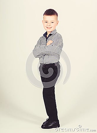 Little boss. Ceo direstor. confident child with business start up. Modern life. Business owner. small boy with business Stock Photo