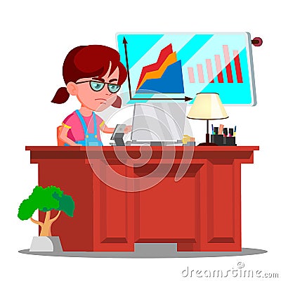 Little Boss Girl, Serious Child In Big Glasses Sitting At Office Desk Vector. Isolated Illustration Vector Illustration