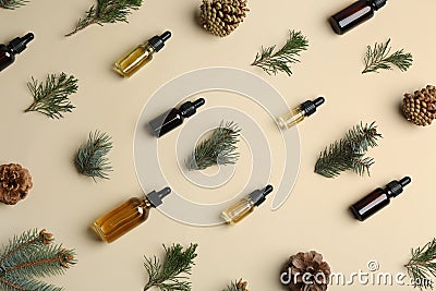 Little bottles with essential oils among pine branches and cones on color background Stock Photo