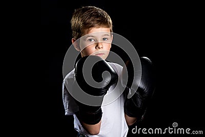 Little boxer portrait in black boxing gloves in defensive position Stock Photo