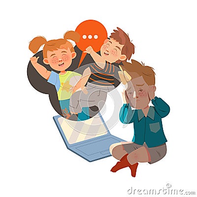 Little Boy Afraid of Mocking and Cyberbullying Sitting Near Laptop Covering His Ears with His Hands Vector Illustration Vector Illustration