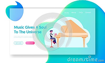 Little Boy Artist Practicing Playing Grand Piano Landing Page. Child Musician Playing Classic Keyboard Instrument Vector Illustration