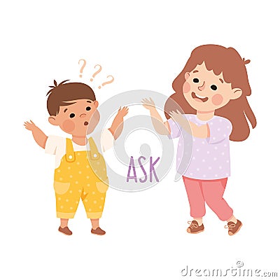 Little Boy Asking Girl Question Demonstrating Vocabulary and Verb Studying Vector Illustration Vector Illustration