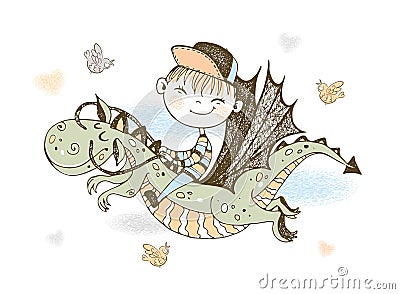 A little boy in a baseball cap is flying on a fairy-tale dragon. Vector Stock Photo