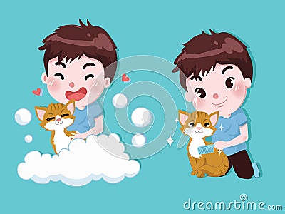 Little boy is bathing with cute cats Vector Illustration