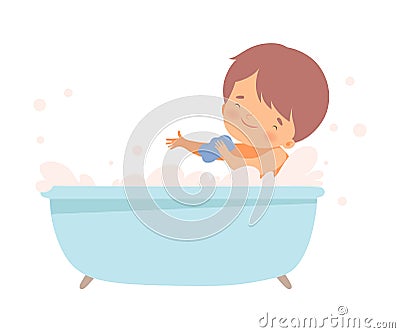 Little Boy Bathing Himself Sitting in Bathtub Vector Illustration Vector Illustration