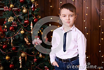 Little boy. Beautiful portrait. Christmas interior. Brown background Stock Photo