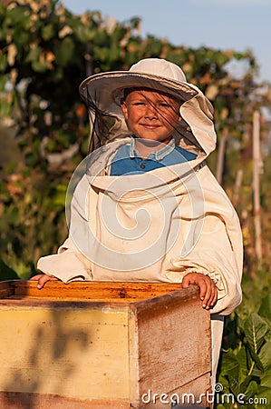Little boy beekeeper works on an apiary at hive Stock Photo