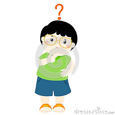 Little boy black hair wear glasses wondering cartoon character Vector Illustration
