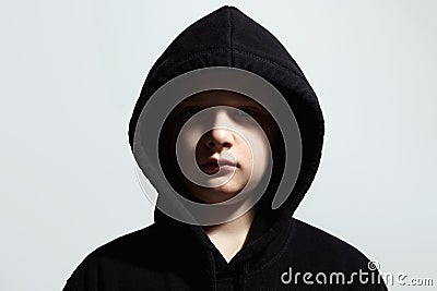 Little boy in black hoodie. teenager boy. Child Stock Photo