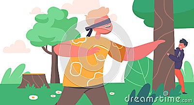 Little Boy with Blindfold Trying to Catch Friend Hiding behind of Tree in Park or Forest. Summer Active Games for Kids Vector Illustration