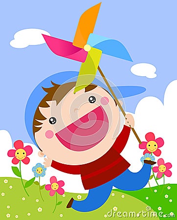 Little boy blowing on a pinwheel Vector Illustration