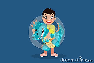 Little boy with a blue baby dinosaur toy cartoon design Vector Illustration
