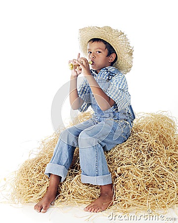 Little Boy Blue with Tiny Horn Stock Photo