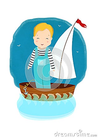 Little boy in a boat under sail, sailing on waves in a sea or ocean Cartoon Illustration