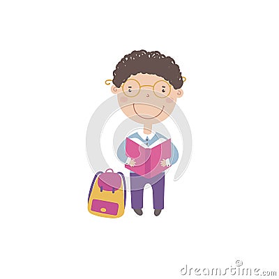 Little boy with book and backpack. Vector Illustration