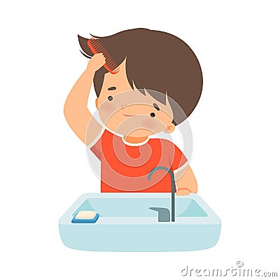 Little Boy Brushing His Wet Hair with Comb Vector Illustration Vector Illustration