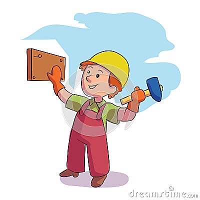 Little boy builder hammering nail on wooden board Vector Illustration